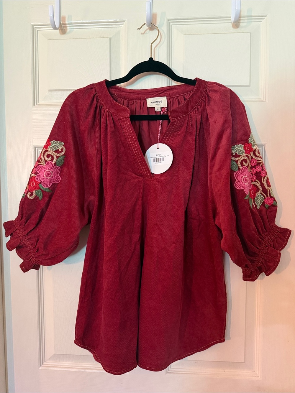 Umgee Embroidered Cotton Corduroy Peasant Top
